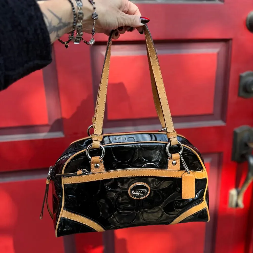Coach Peyton Signature Embossed Patent Leather Satchel Black/Tan